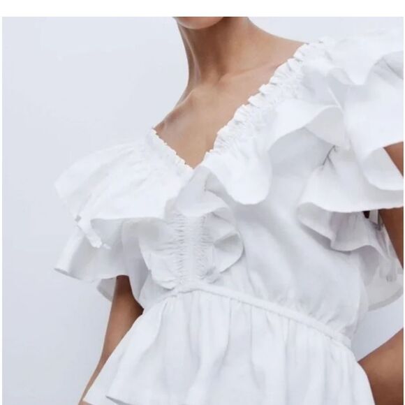 Zara White Ruffle Flounce Sleeve V-Neck Peplum Top - Picture 3 of 11